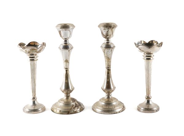 A PAIR OF SILVER CANDLESTICKS AND A PAIR OF VASES (4)