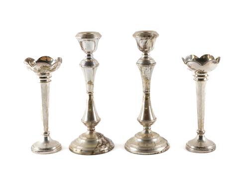 A PAIR OF SILVER CANDLESTICKS AND A PAIR OF VASES (4)