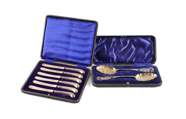 A PAIR OF SILVER FRUIT SERVING SPOONS AND A SET OF SIX TEA KNIVES (2)