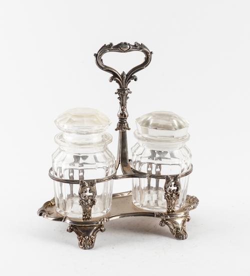 A WILLIAM IV SILVER TWIN SECTION PRESERVE JAR STAND