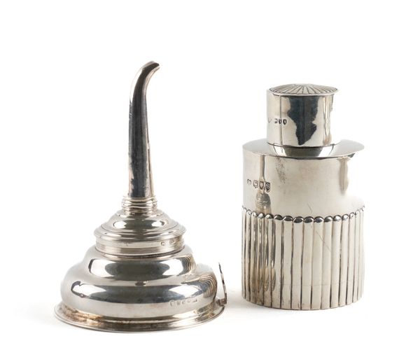 A VICTORIAN SILVER TEA CADDY AND A SILVER WINE FUNNEL (2)