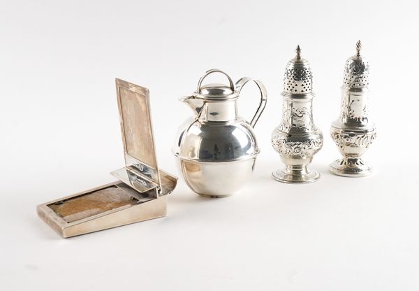 TWO 18TH CENTURY SILVER PEPPERETTES AND TWO FURTHER ITEMS (4)