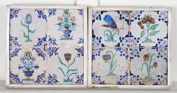 TWO FRAMED DUTCH DELFT POLYCHROME TILE PANELS (2)