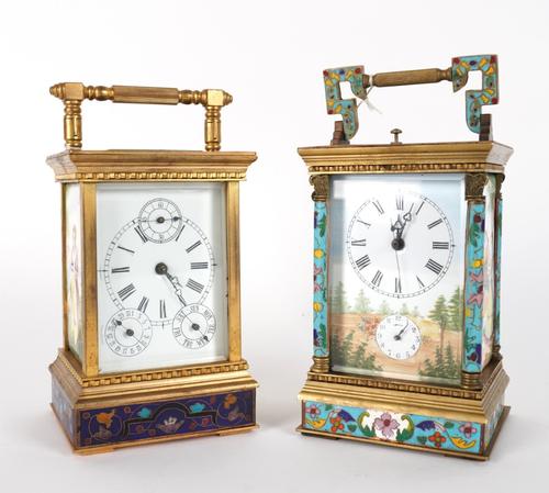 TWO CHINESE CLOISONNÉ ENAMEL AND ENAMEL PANEL DECORATED CARRIAGE CLOCKS (2)