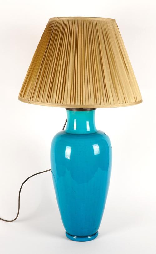 A BURMANTOFTS TURQUOISE BLUE FAIENCE BALUSTER VASE TABLE LAMP