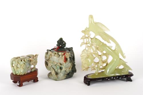 TWO JADE OR JADEITE CARVED POTS AND A JADE-TYPE CARVED GROUP OF BIRDS IN A LEAFY BOUGH (3)