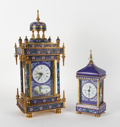 A CHINESE GILT-METAL MOUNTED CLOISONNÉ AND ENAMEL CARRIAGE CLOCK AND A TIME PIECE (2)