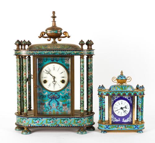 A CHINESE CLOISONNÉ ENAMEL MANTEL CLOCK AND A CARRIAGE CLOCK (2)