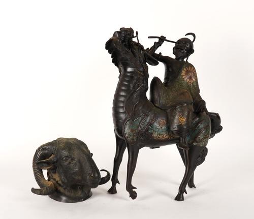 A CHINESE CLOISONNÉ AND METAL DRAGON AND RIDER (2)