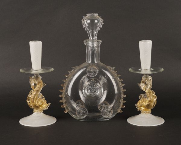 A PAIR OF VENETIAN LATTICINIO GLASS CANDLESTICKS