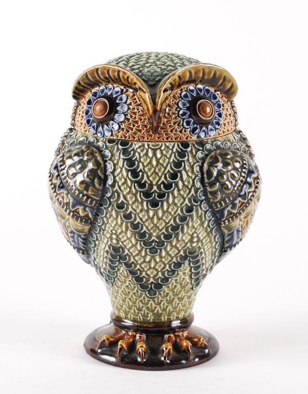 A DOULTON STONEWARE OWL TOBACCO JAR AND COVER (2)