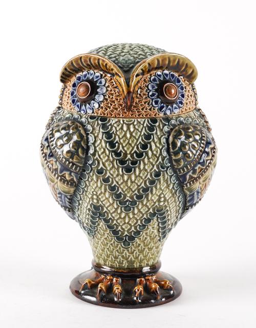 A DOULTON STONEWARE OWL TOBACCO JAR AND COVER (2)
