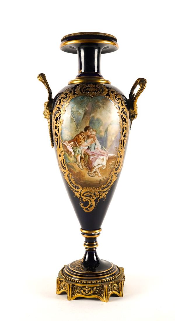 A SEVRES STYLE GILT -METAL MOUNTED TWO-HANDLED VASE