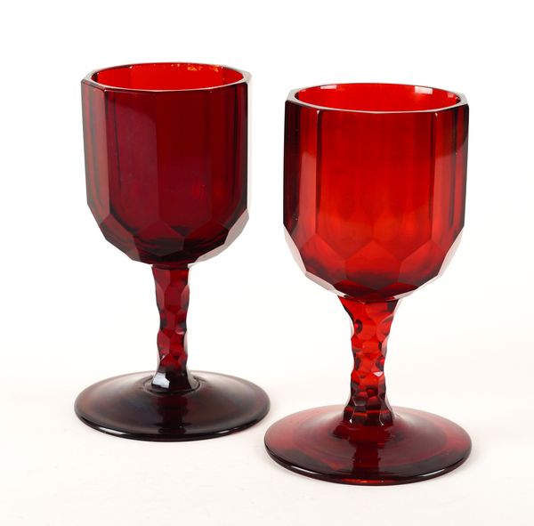 TWO RUBY GLASS FACET CUT GOBLETS (2)