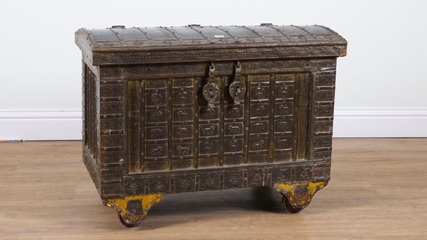 A MODERN INDIAN METAL MOUNTED TRUNK