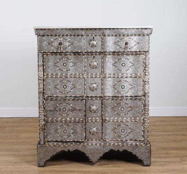 A 20TH CENTURY DAMASCUS MOTHER-OF-PEARL INLAID FIVE DRAWER CHEST