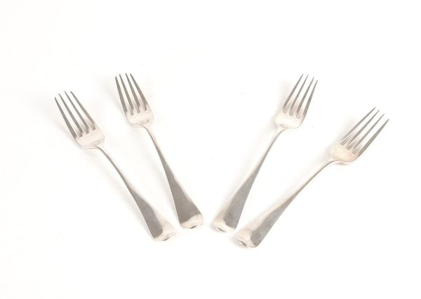 FOUR GEORGE III OLD ENGLISH PATTERN DESSERT FORKS