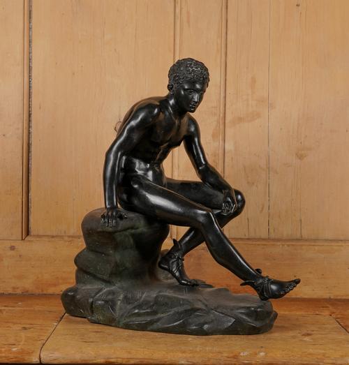 SOMMER FOUNDRY NAPLES: AN ITALIAN PATINATED BRONZE SCULPTURE OF SEATED MERCURY RESTING, INSCRIBED SOMMER D NAPOLI