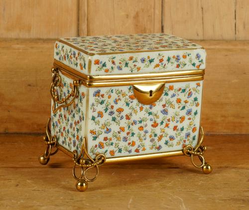 A FRENCH GILT-METAL MOUNTED DECORATED OPALINE GLASS CASKET OR JEWELLERY BOX