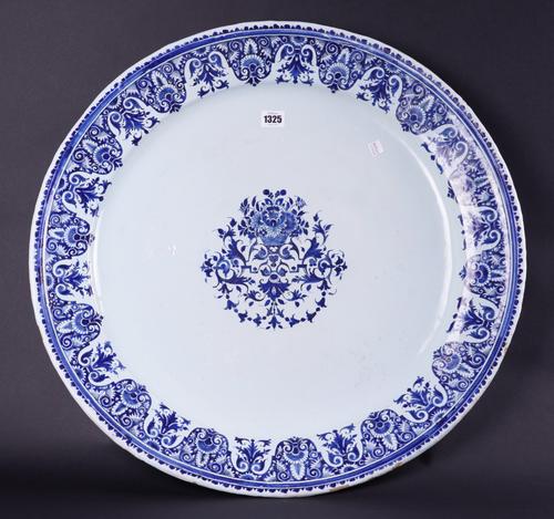 A VERY LARGE ROUEN FAIENCE BLUE AND WHITE CHARGER