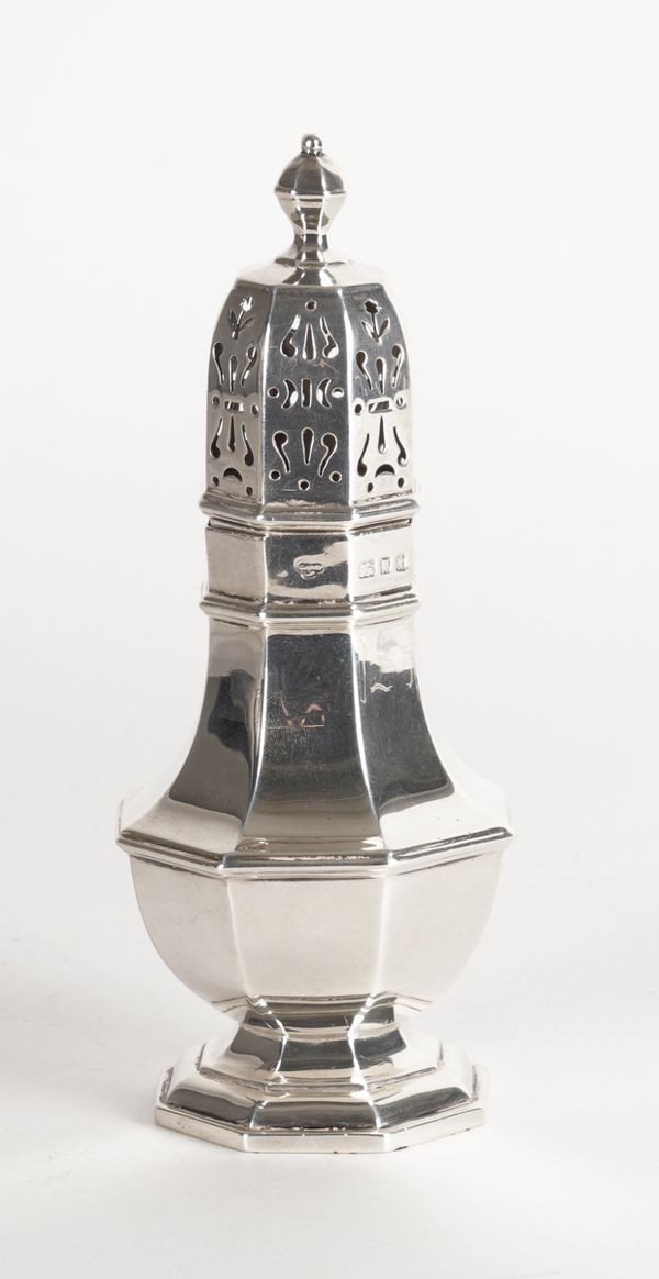 A SILVER OCTAGONAL SUGAR CASTER