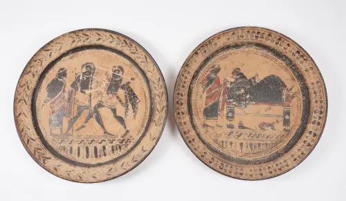 TWO LARGE ATTIC-STYLE BLACK FIGURE DECORATED DISHES (2)