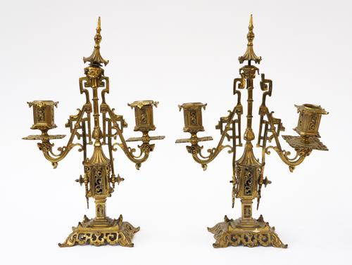 A PAIR OF CHINOISERIE STYLE BRASS TWIN LIGHT CANDELABRA (2)