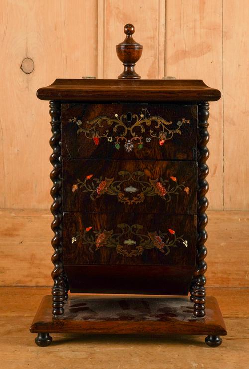 A VICTORIAN BRASS INLAID AND MOTHER-OF-PEARL ROSEWOOD DRAWERS