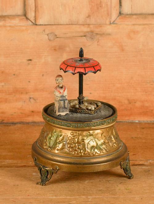 A GERMAN ART DECO CLOCK MODELLED AS A FIGURE UNDER A PARASOL