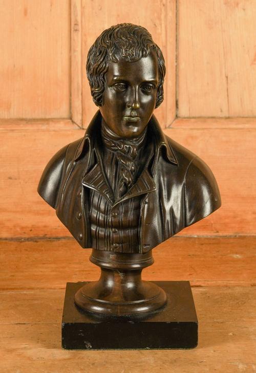 A BRONZE BUST OF A GENTLEMAN ON BLACK BASE, POSSIBLY ROBERT BURNS