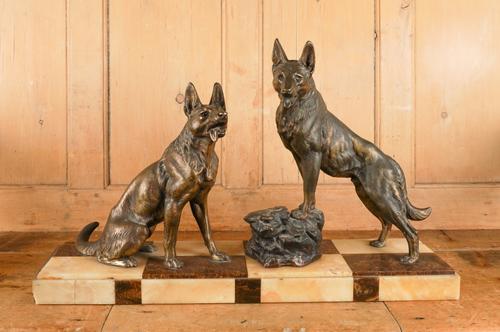 AFTER LOUIS-ALBERT CARVIN: AN ART DECO SPELTER FIGURAL GROUP OF TWO ALSATIANS