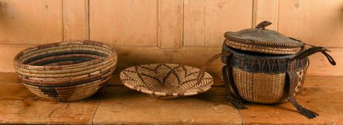 THREE WOVEN GEOMETRIC DECORATED BASKETS (3)