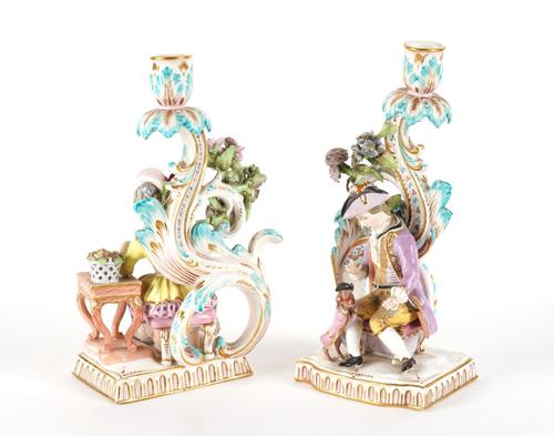A PAIR OF ENGLISH PORCELAIN FIGURE CANDLESTICKS (2)