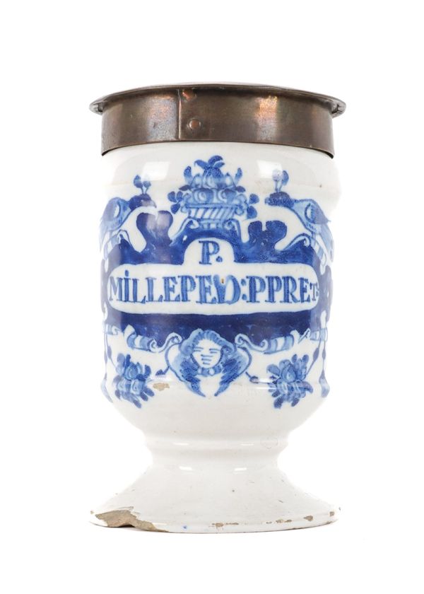 A DUTCH DELFT BLUE AND WHITE DRUG JAR