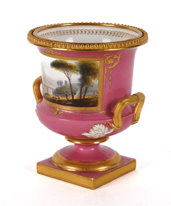 A ROYAL WORCESTER PINK-GROUND TWO-HANDLED CAMPANA VASE BY HARRY DAVIS