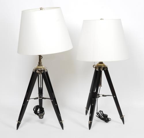 RALPH LAUREN: A PAIR OF EBONISED AND LEATHER MOUNTED TRIPOD TABLE LAMPS (2)