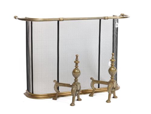 AN EARLY 20TH CENTURY BRASS AND WIREWORK NURSERY FENDER AND A PAIR OF LATE VICTORIAN FIRE DOGS (3)