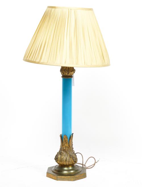 A VICTORIAN GILT-BRASS MOUNTED BLUE OPALINE GLASS TABLE LAMP