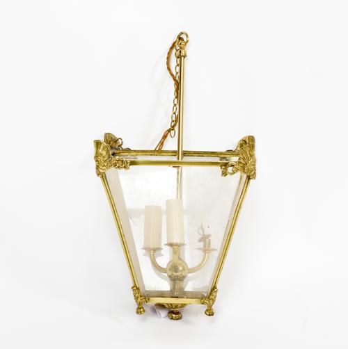 A GEORGE III STYLE BRASS TAPERING HALL LANTERN IN THE STYLE OF ROBERT ADAM
