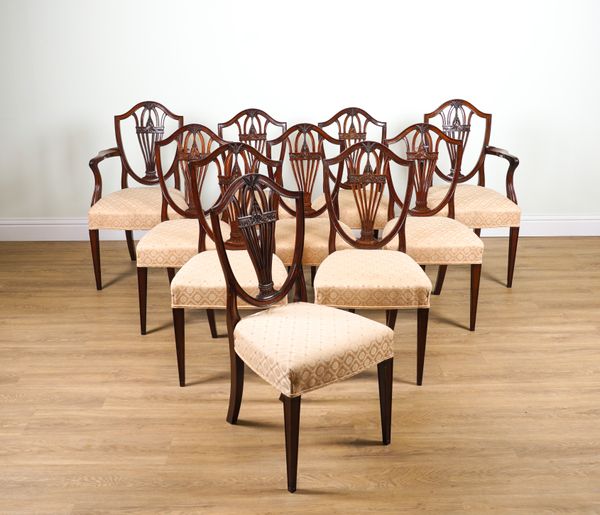 A SET OF TEN 18TH CENTURY STYLE MAHOGANY FRAMED SHIELD BACK DINING CHAIRS (10)