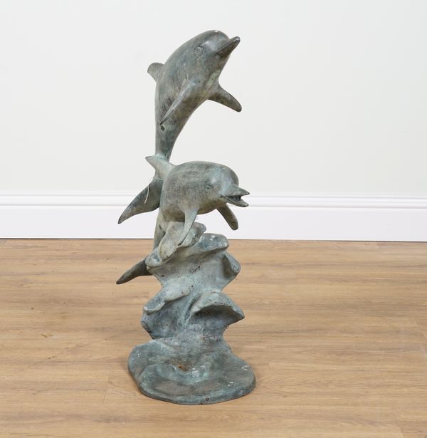 A MODERN BRONZE WATER FOUNTAIN FORMED AS THREE DOLPHINS