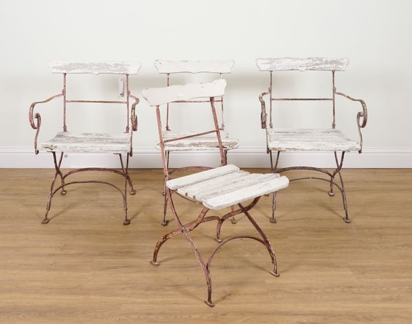 A SET OF FOUR WHITE PAINTED WROUGHT IRON AND SLATTED FOLDING GARDEN CHAIRS