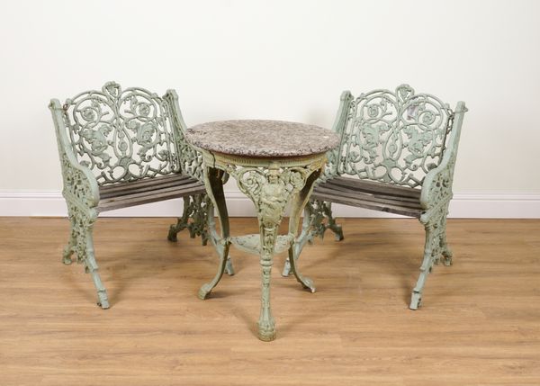 A PAIR OF GREY PAINTED CAST ALUMINIUM GARDEN CHAIRS (3)