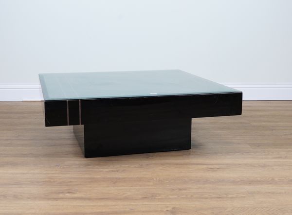 PIERRE VANDEL PARIS; A LARGE SQUARE BRASS INLAID EBONISED COFFEE TABLE