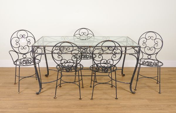 A MODERN GREY PAINTED WROUGHT IRON AND GLASS GARDEN TABLE (6)