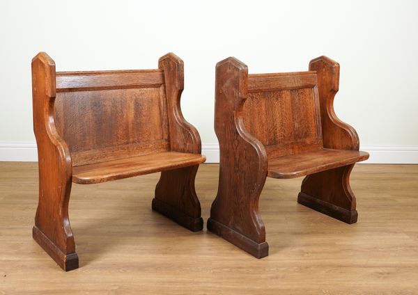 A PAIR OF EARLY 20TH CENTURY OAK SINGLE PEWS (2)