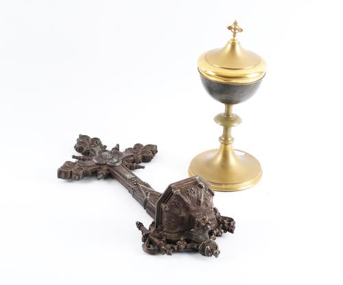 A FRENCH GOTHIC REVIVAL STYLE METAL ALLOY HOLY WATER STOUP (2)