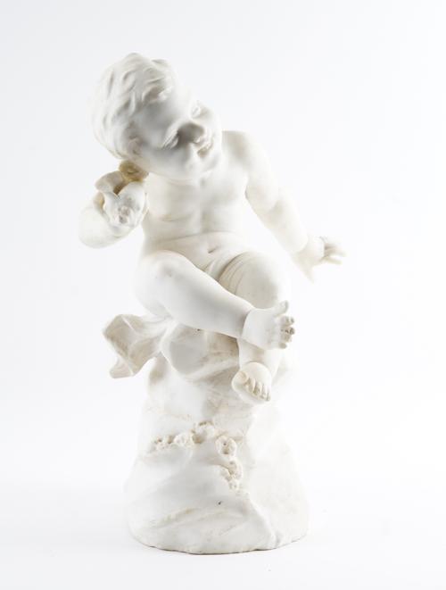 AN ITALIAN CARVED WHITE MARBLE FIGURE OF A SEATED CHERUB HOLDNG A CONCH SHELL