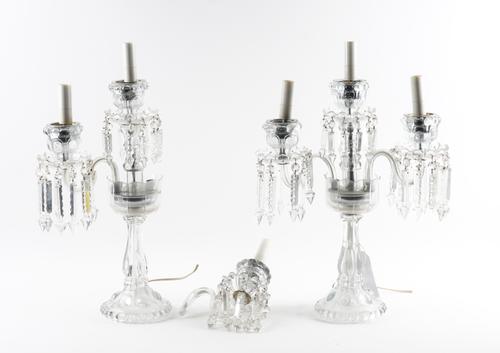 A PAIR OF CUT AND MOULDED GLASS THREE LIGHT TWO BRANCH TABLE CANDELABRA (2)