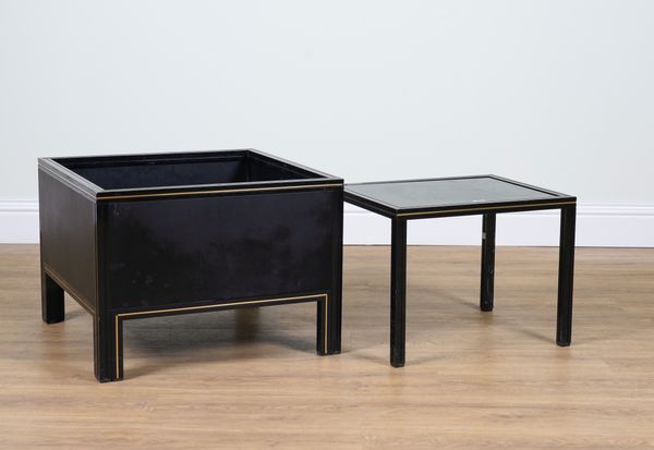 PIERRE VANDEL PARIS; A RECTANGULAR BRASS INLAID BLACK METAL LOW TABLE (2)